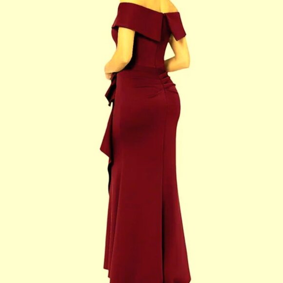 Xscape Wine Burgundy Ava Off the Shoulder Side Ruffle Evening Gown - Picture 2 of 2